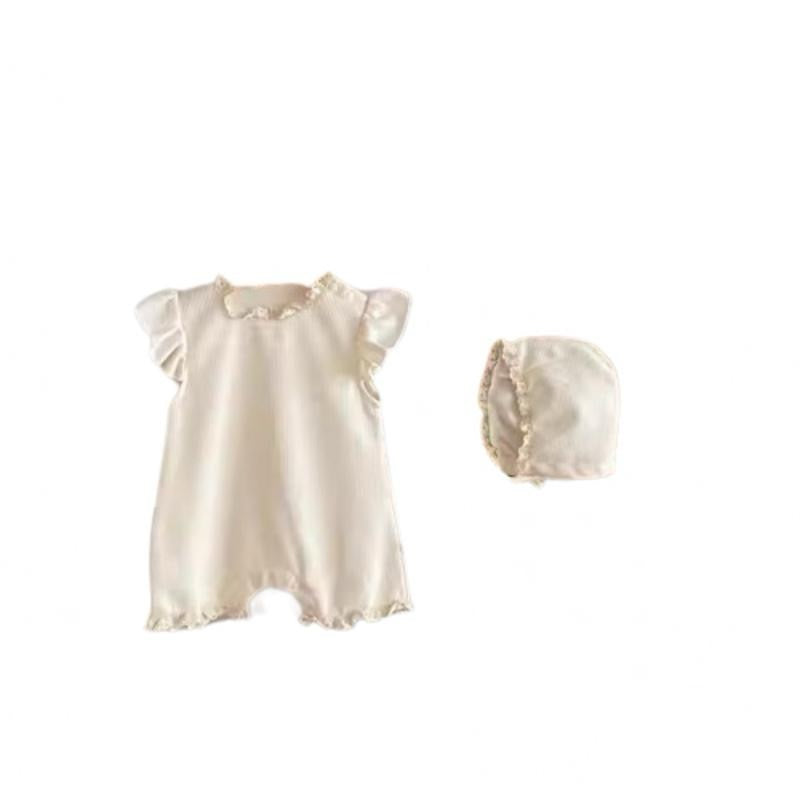 Waffle knit baby frill romper with matching hat