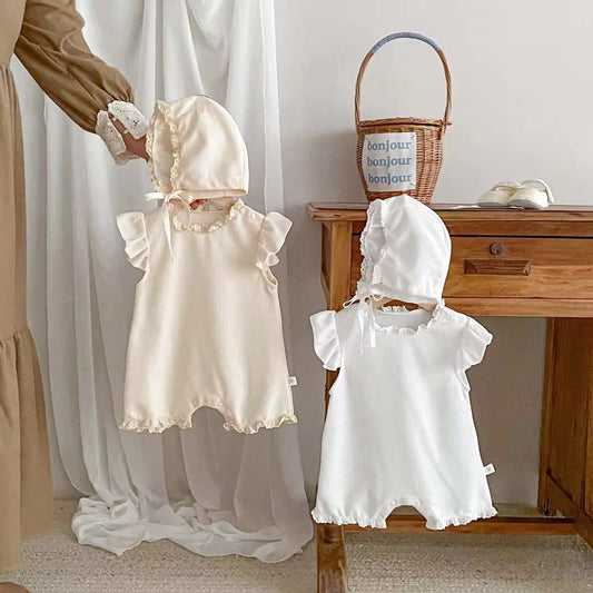 Waffle knit baby frill romper with matching hat