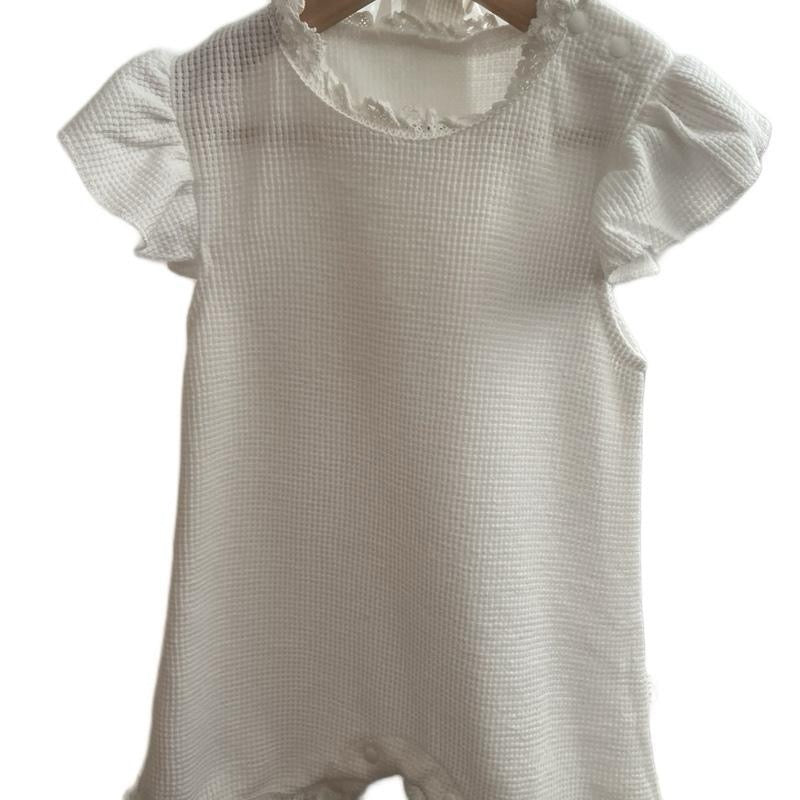 Waffle knit baby frill romper with matching hat