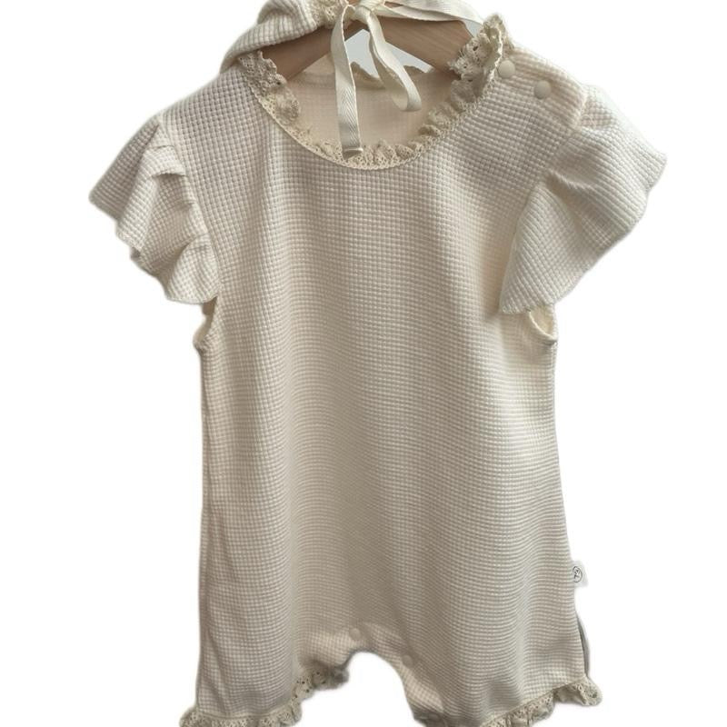 Waffle knit baby frill romper with matching hat