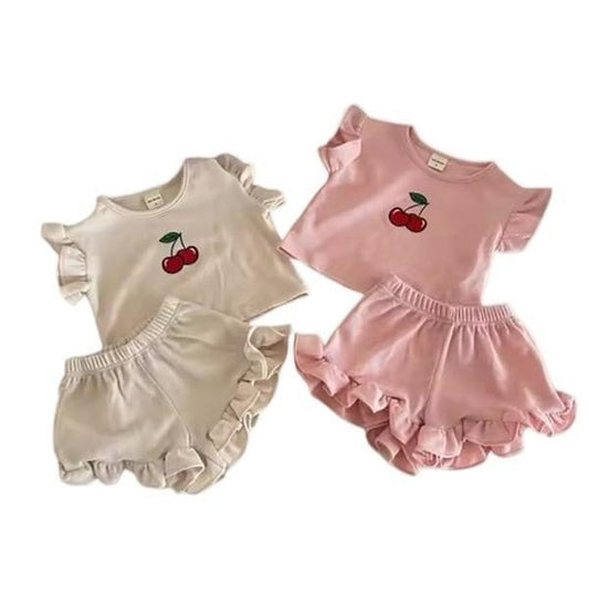 Cherry Frill two piece shorts and T shirt set
