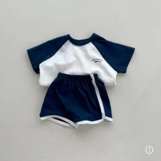 Two Piece 'Go For It' Shorts and T-Shirt Set in Navy Blue and White