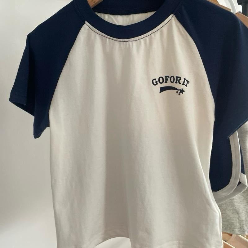 Two Piece 'Go For It' Shorts and T-Shirt Set in Navy Blue and White