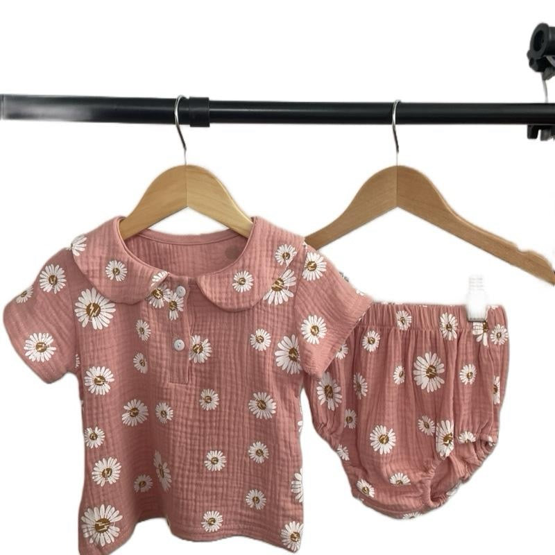 Pink flower print two piece summer set